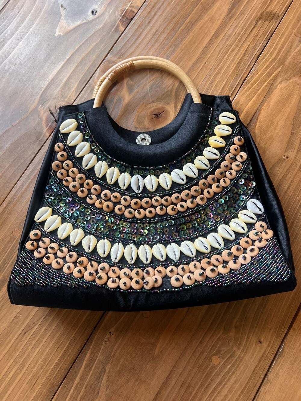 Vintage Mangos Black Satin Handbag with Cowrie Shells and Bamboo Handles